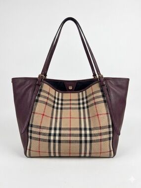Authentic Burberry Vintage House Check Tote Bag Burgundy Leather Trim Designer